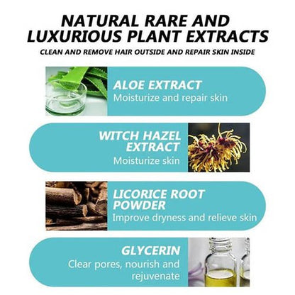 Infographic showing natural plant extracts for skin care including aloe extract, witch hazel extract, licorice root powder, and glycerin