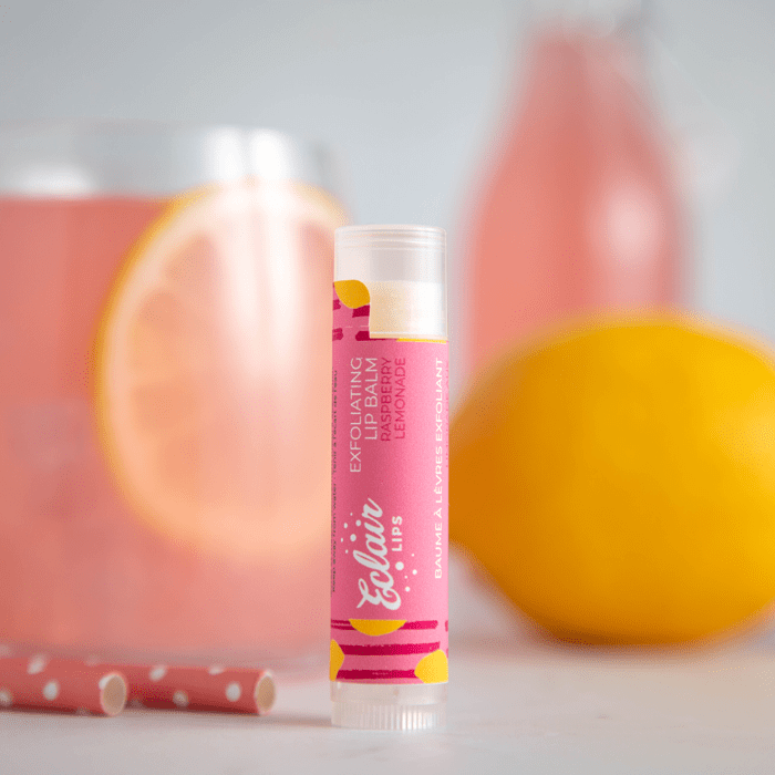 Raspberry Lemonade exfoliating lip balm with lemon & drink