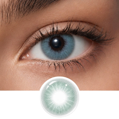A close-up of a person's eye wearing EyeCandys Aura Cadet Grey contacts, with a separate image of the EyeCandys lens shown below the eye.