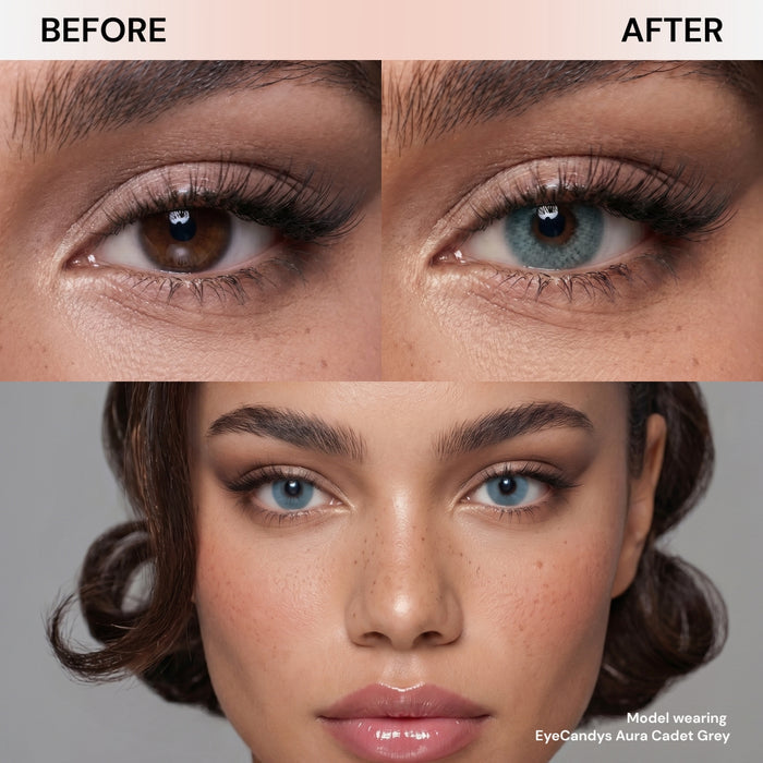 Split image: close-up of a brown eye labeled "Before" and a blue-grey eye labeled "After." Below, a woman wears EyeCandys Aura Cadet Grey contacts. Text reads: "Model wearing EyeCandys Aura Cadet Grey UV blocking contacts.
