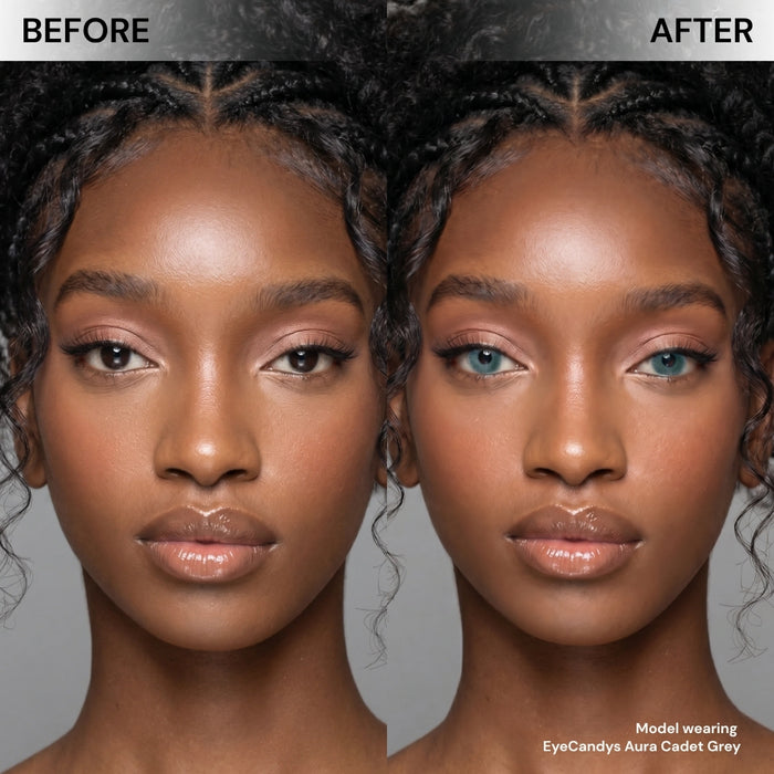 Side-by-side comparison of a woman's face: her left shows natural brown eyes, while her right displays a stunning transformation with EyeCandys Aura Cadet Grey contact lenses from EyeCandys.