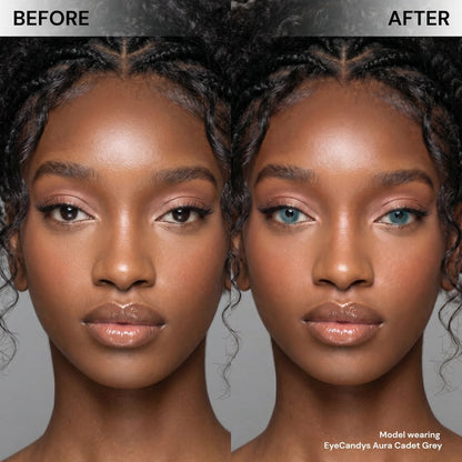 Side-by-side comparison of a woman's face: her left shows natural brown eyes, while her right displays a stunning transformation with EyeCandys Aura Cadet Grey contact lenses from EyeCandys.