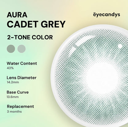 Close-up of EyeCandys Aura Cadet Grey: a 2-tone slate-grey contact lens by EyeCandys with 43% water content, 14.2mm diameter, 13.6mm base curve, UV blocking tech, and a recommended replacement every 3 months.
