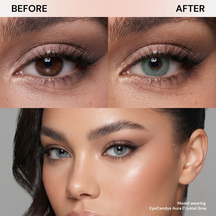 Split image: close-up of an eye before/after wearing EyeCandys Aura Crystal Grey contacts, plus a portrait of a woman with light grey eyes, smooth skin, and flawless makeup. Text notes she’s wearing EyeCandys by EyeCandys.