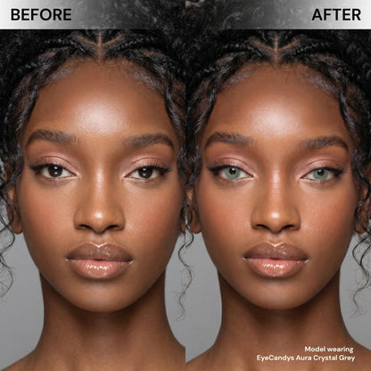 Side-by-side comparison of a woman's face: her left shows natural brown eyes, while her right displays a stunning transformation with EyeCandys Aura Crystal Grey contact lenses from EyeCandys.