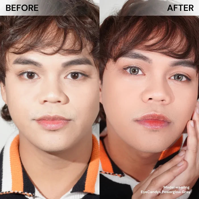Before and after of model’s face wearing EyeCandys Powerglow Grey prescription colored contact lenses, showing bold yet natural grey eye transformation