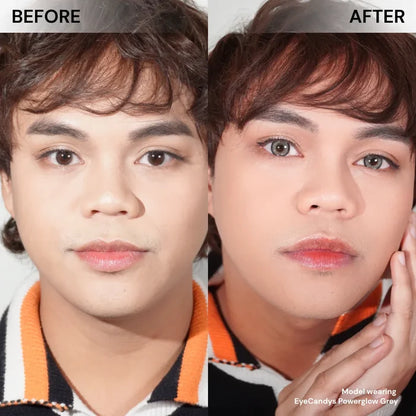 Before and after of model’s face wearing EyeCandys Powerglow Grey prescription colored contact lenses, showing bold yet natural grey eye transformation