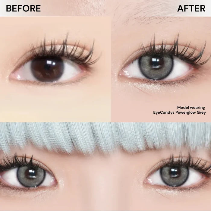 Collage showing before and after eyes wearing EyeCandys Powerglow Grey prescription colored contact lenses, with close-up shots of eyes wearing the lenses below. Natural grey cosmetic and prescription color contacts for bold yet realistic eye enhancement
