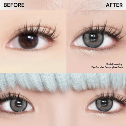 Collage showing before and after eyes wearing EyeCandys Powerglow Grey prescription colored contact lenses, with close-up shots of eyes wearing the lenses below. Natural grey cosmetic and prescription color contacts for bold yet realistic eye enhancement