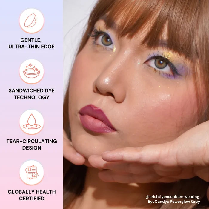 EyeCandys Powerglow Grey cosmetic prescription contact lens on @srishtiyensenbam, featuring sandwiched dye, gentle fit, and globally approved eye safety