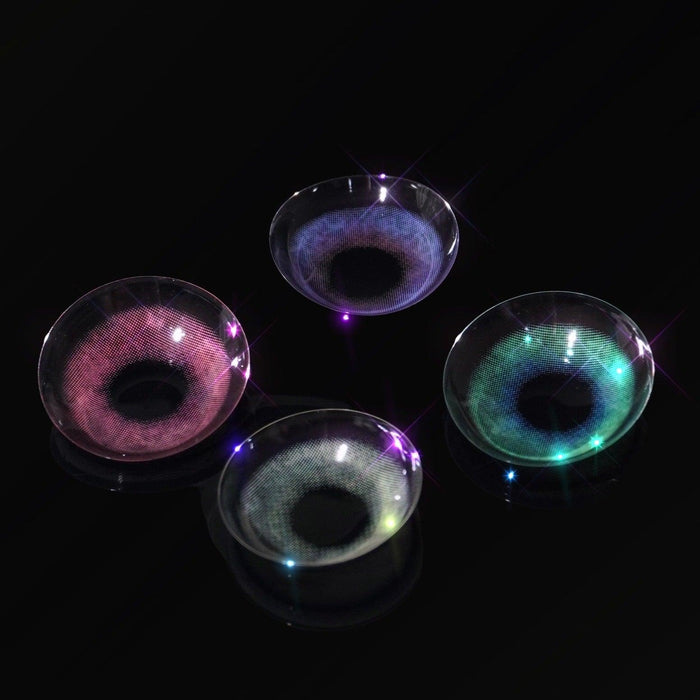 Close-up macro shot of EyeCandys Powerglow Green, Red, Purple, and Grey colored contact lenses. High-quality prescription colored contact lenses in vibrant colors for bold eye transformation