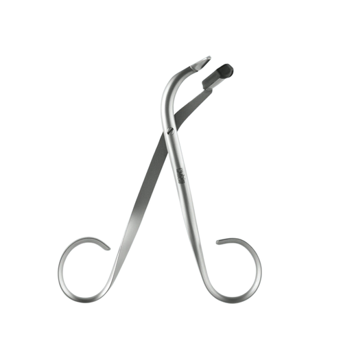T400 Rubis Eyelash Curler | A Rubis metallic eyelash curler with two hook-like ends with black rubber strips, to curl lashes shown on a plain white background.