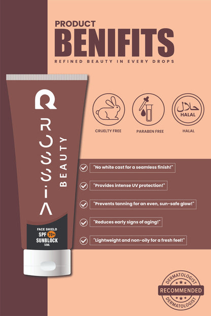 Benefits of Rossia Beauty  Sunblock SPF 70 (50ml) for all skin types. Provides strong UVA/UVB protection, prevents sunburn, and supports even skin tone and glow.