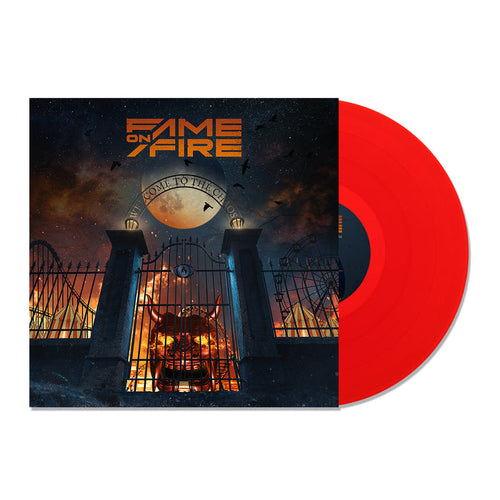 The image shows a Fame On Fire Red LP partially out of its sleeve. The dark sleeve artwork features a gated entrance with Welcome To The Chaos on an arch, under an ominous sky, and the band name at the top.