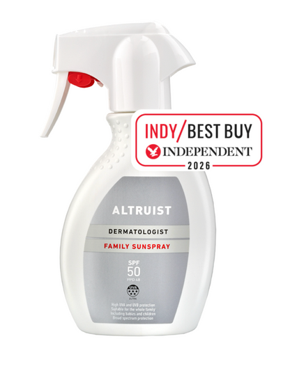 Altruist dermatologist family sunspray with SPF 50 on a white background, featuring Indy Best Buy Independent 2026 label.