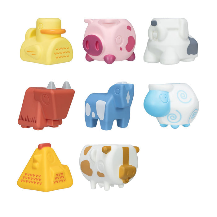 The Farm Animal Bath Toys set includes eight colorful bath toys—a duck, pig, sheep, goat, horse, ram, hen, and cow—arranged in two rows on a white background. Each toy features a simple, blocky cartoon design.