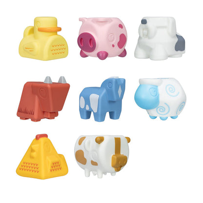 The Farm Animal Bath Toys set includes eight colorful bath toys—a duck, pig, sheep, goat, horse, ram, hen, and cow—arranged in two rows on a white background. Each toy features a simple, blocky cartoon design.