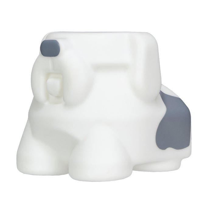 A white and gray plastic Farm Animal Bath Toy shaped like a cartoon dog, viewed from the side and back, featuring a short tail and rounded features—perfect for baby bath time.