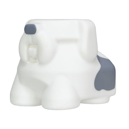 A white and gray plastic Farm Animal Bath Toy shaped like a cartoon dog, viewed from the side and back, featuring a short tail and rounded features—perfect for baby bath time.
