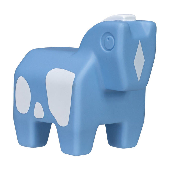 Here’s a rewritten version using the given product name: The Farm Animal Bath Toys set features a blue, stylized cow with white spots and a white diamond shape on its face. Designed as a stackable bath toy, this farm animal toy showcases simple, rounded shapes and a smooth surface for safe and fun playtime in the bath.