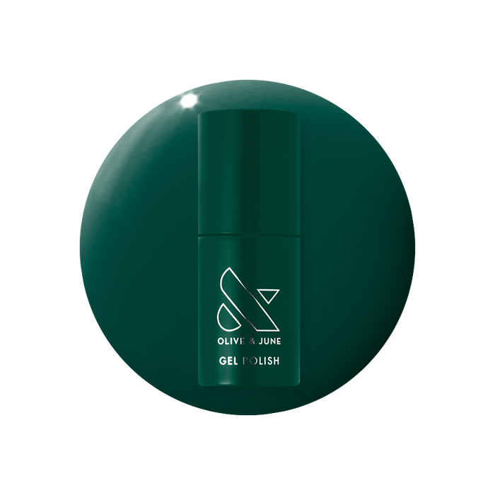 Fiddlefig - Gel bottle on deep leafy green gel polish for a fresh, long-lasting mani by Olive and June