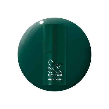 Fiddlefig - Gel bottle on deep leafy green gel polish for a fresh, long-lasting mani by Olive and June