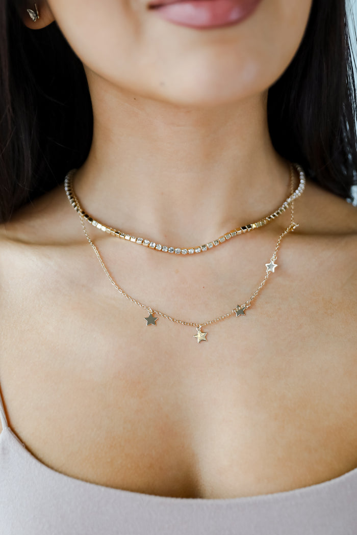 Bri Gold Rhinestone Star Charm Layered Necklace
