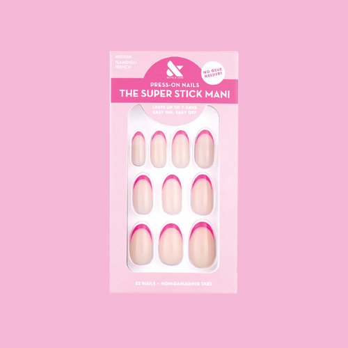 Flamingo French | Medium | Oval - Tab Press-On nails with neutral base and neon pink french tips for easy at-home manicure