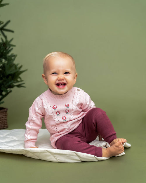Floral Embroidered Cable Knit Baby Sweater Pullover (Organic Cotton)