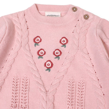 Floral Embroidered Cable Knit Baby Sweater Pullover (Organic Cotton)