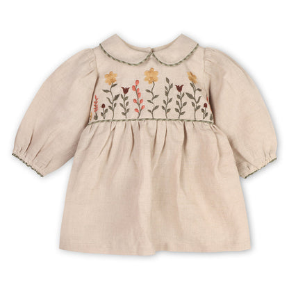 Floral Embroidered Peter Pan Baby Dress & Fancy Bloomer Set (Linen Blend)
