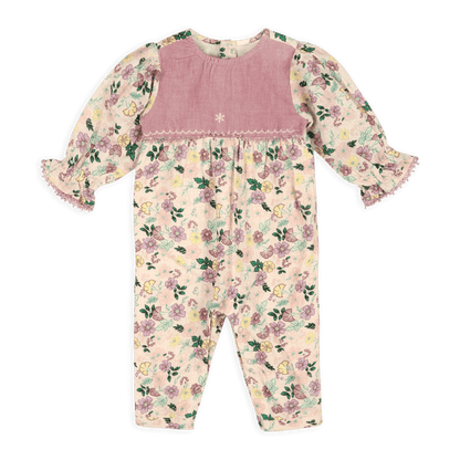 Floral Ruffle and Lace Sleeve Baby Jumpsuit, Organic
