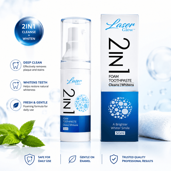 LaserGlow 2 in 1 foam whitening toothpaste with pump bottle and box for deep cleaning, stain removal, fresh breath, and daily teeth whitening