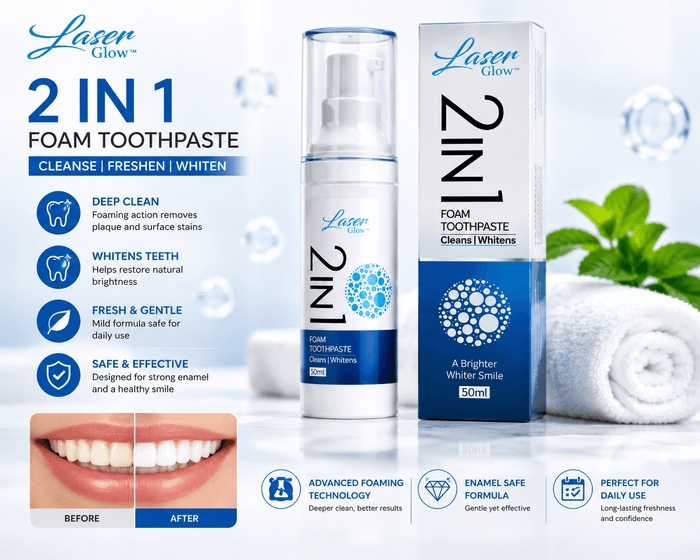 LaserGlow 2 in 1 foam whitening toothpaste with cleanse and whiten benefits, advanced foaming formula, enamel-safe daily care, and before-and-after whitening smile results