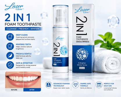 LaserGlow 2 in 1 foam whitening toothpaste with cleanse and whiten benefits, advanced foaming formula, enamel-safe daily care, and before-and-after whitening smile results