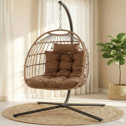 Foldable Egg Chair 350 lbs Capacity Rattan Wicker with Cushion Brown