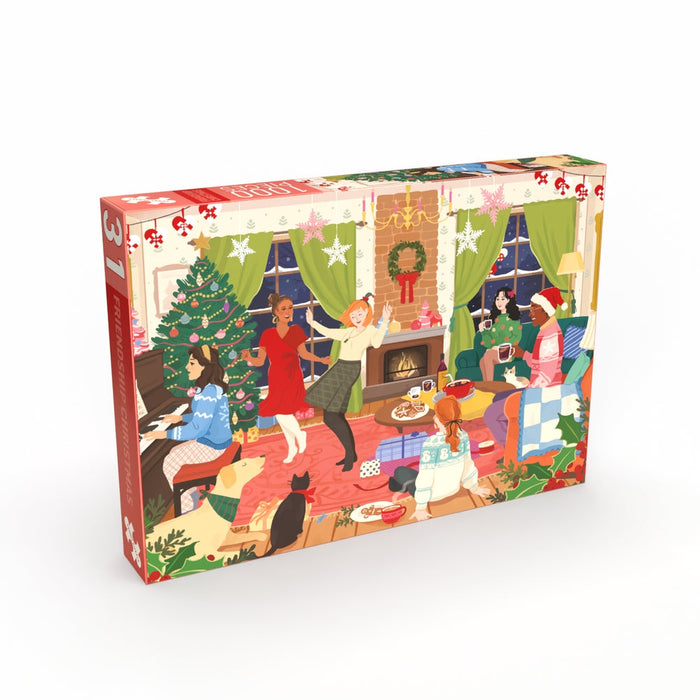 The Penny Puzzle “Friendship Christmas” 1,000 Piece Jigsaw Puzzle features an illustration of a festive living room filled with joyful people dancing, playing piano, exchanging gifts, and gathering around a beautifully decorated Christmas tree and fireplace—while pets rest on the rug—capturing the warmth of chosen family and togetherness.