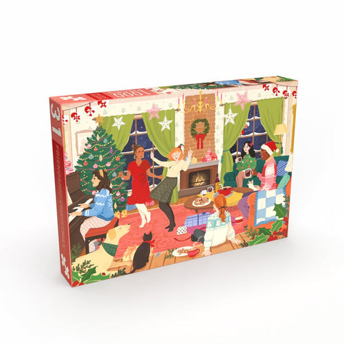 The Penny Puzzle “Friendship Christmas” 1,000 Piece Jigsaw Puzzle features an illustration of a festive living room filled with joyful people dancing, playing piano, exchanging gifts, and gathering around a beautifully decorated Christmas tree and fireplace—while pets rest on the rug—capturing the warmth of chosen family and togetherness.