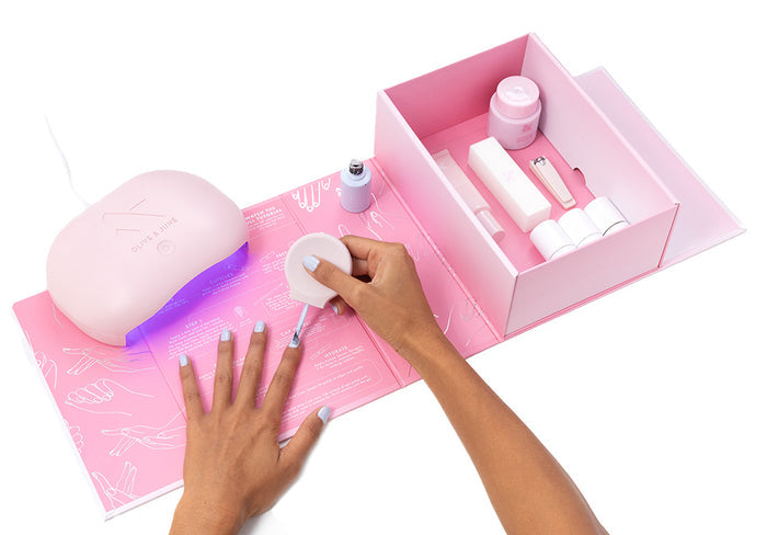 The Gel Mani System - 6 with pink UV lamp, nail files, cuticle pusher, base and top gel polishes for at home mani