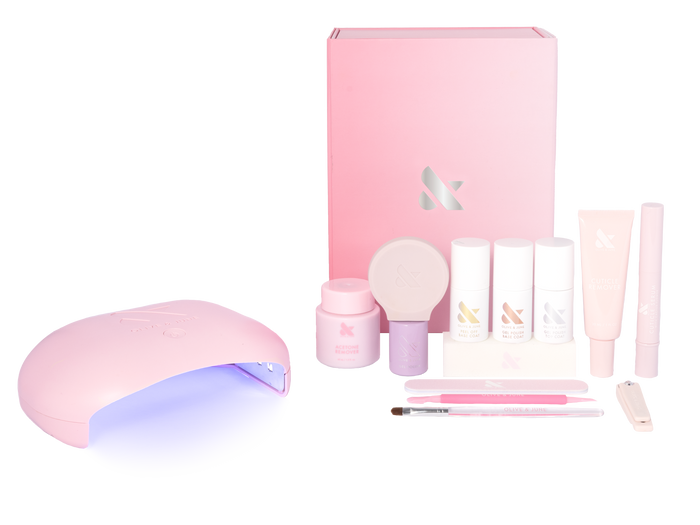 Gel Mani System - 1 with pink LED lamp, base and top coats, nail tools, and gel polish for easy at home manicure