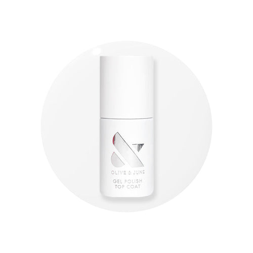 Gel Top Coat bottle by Olive and June for a glossy, protective finish on long-lasting gel polish manicures at home