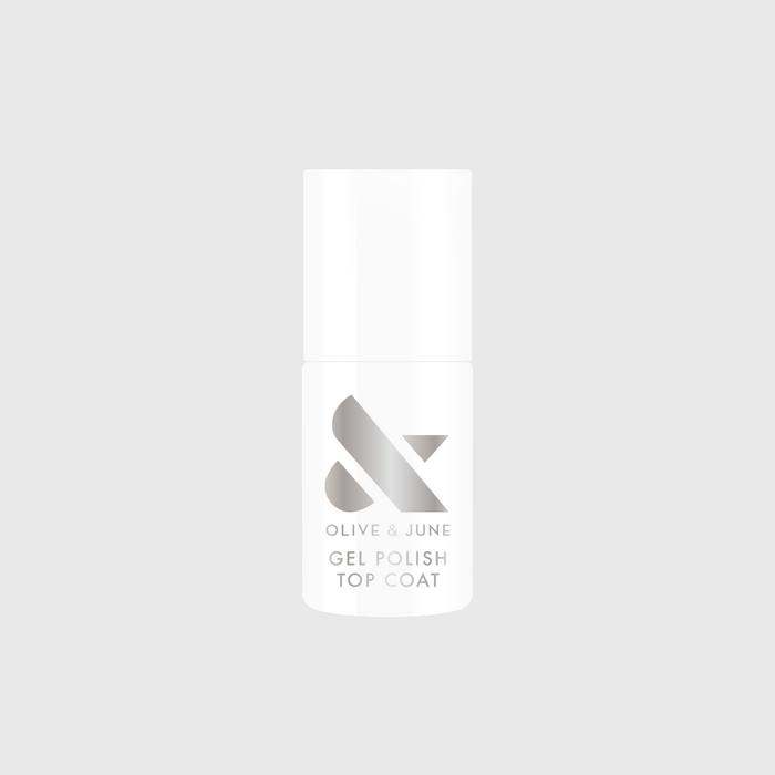 Gel Top Coat bottle by Olive and June for sealing and protecting gel polish for long-lasting manicure shine at home
