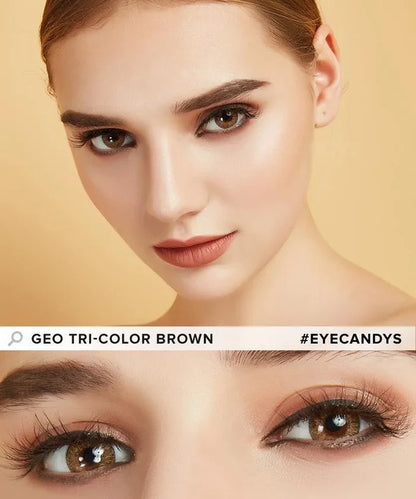Model wearing the GEO Tri-Color Brown colored contact lenses for dark eyes, above a closeup of her eyes wearing the colored contacts prescription, showcasing the natural yet transformative effect and pixel-detail.