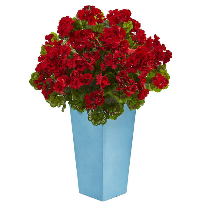 Geranium Artificial Plant in Turquoise Planter UV Resistant (Indoor/Outdoor)