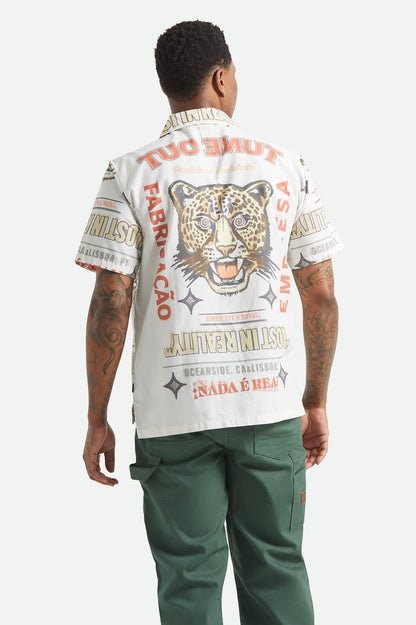 Men's Bunker Twisted Stripe Short Sleeve Camp Collar Shirt in the color Lost In Reality Print - Men's Back View