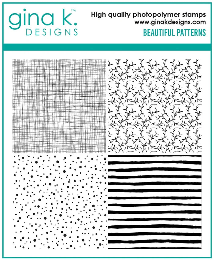 Gina K. Designs - Background Stamp - Beautiful Patterns. Beautiful Patterns Background Stamp is a stamp set by Gina K Designs. This set is made of premium clear photopolymer and measures 6" X 6". Made in the USA. Available at Embellish Away located in Bowmanville Ontario Canada.