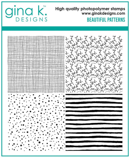 Gina K. Designs - Background Stamp - Beautiful Patterns. Beautiful Patterns Background Stamp is a stamp set by Gina K Designs. This set is made of premium clear photopolymer and measures 6" X 6". Made in the USA. Available at Embellish Away located in Bowmanville Ontario Canada.