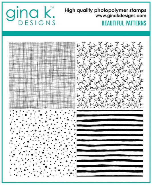 Gina K. Designs - Background Stamp - Beautiful Patterns. Beautiful Patterns Background Stamp is a stamp set by Gina K Designs. This set is made of premium clear photopolymer and measures 6" X 6". Made in the USA. Available at Embellish Away located in Bowmanville Ontario Canada.