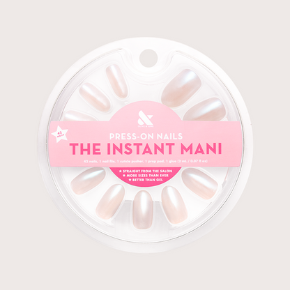 Girl With The Pearl Nail Polish - Press On | Medium | Almond iridescent sheer pearl false nails set in circular packaging