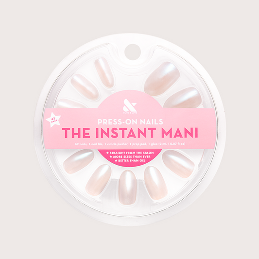 Girl With The Pearl Nail Polish - Press On | Medium | Almond iridescent sheer pearl false nails set in circular packaging